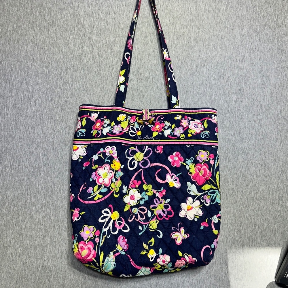 Vera Bradley English Rose Quilted Cotton Tote Bag Navy Floral Toggle Closure